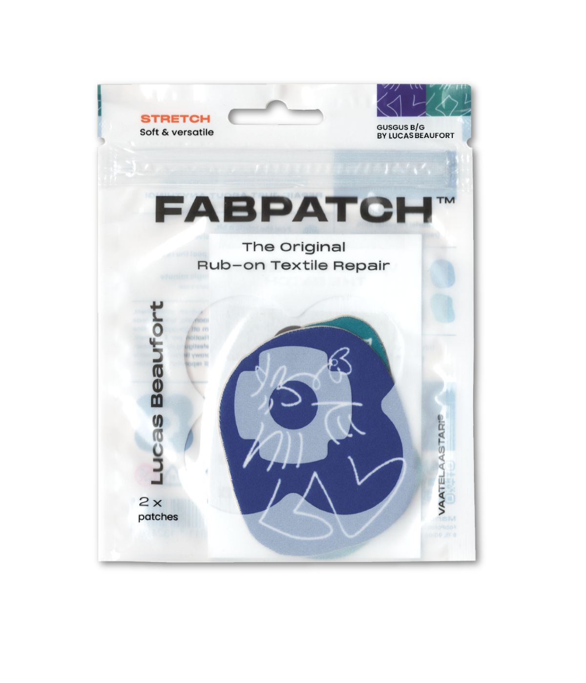 Vaatelaastari_FabPatch_GusGus by Lucas_Beaufort_ sininen ja vihreä korjauspaikka