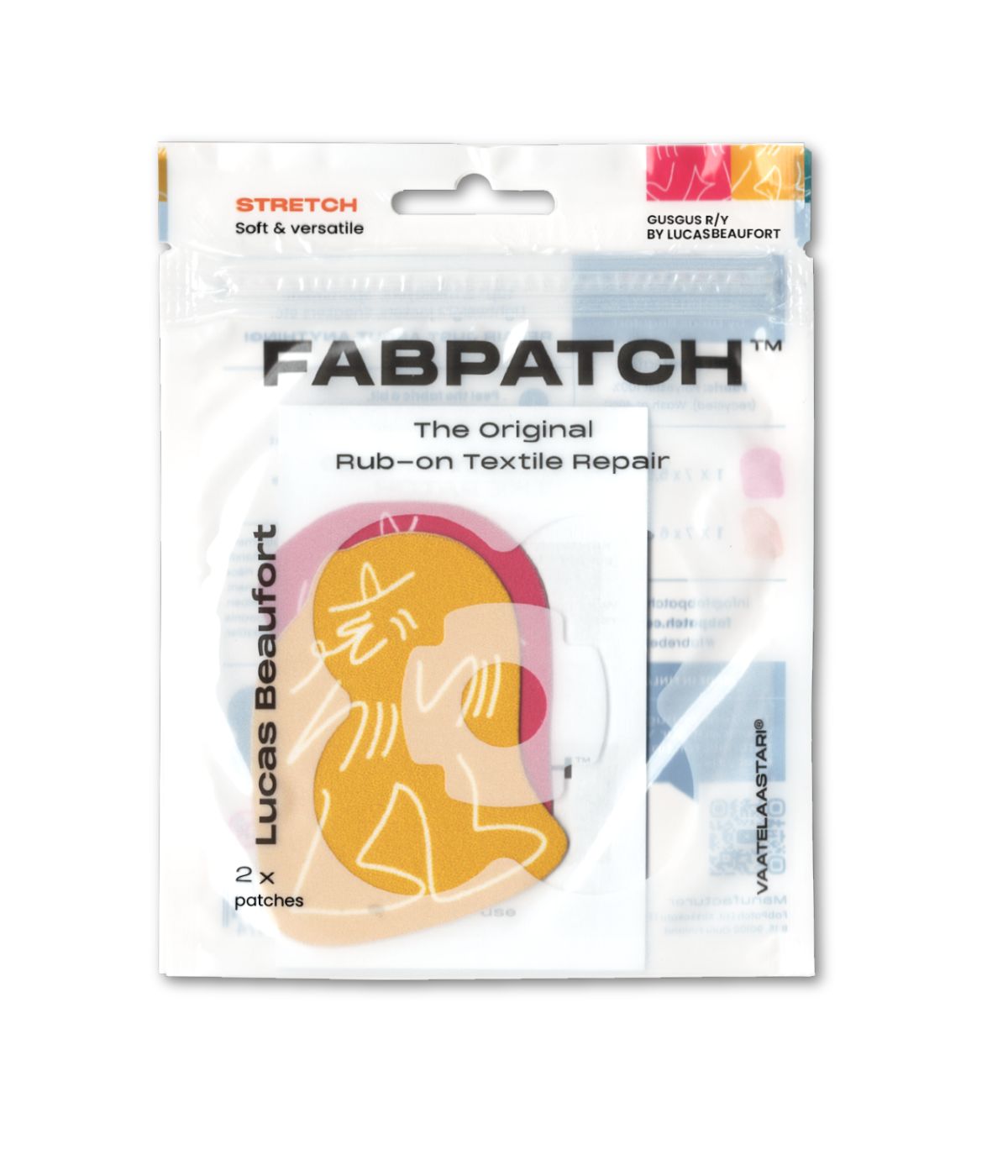 Vaatelaastari_FabPatch_GusGus by Lucas_Beaufort_redyellow korjauspaikka tekstiilipaikka